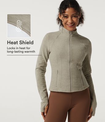 Stand Collar Long Sleeve Fleece Workout Jacket with Pockets and Thumb Holes Stand Collar Long Sleeve Fleece Workout Jacket with Pockets and Thumb Holes