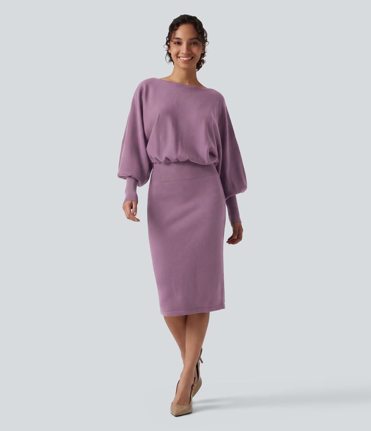 Boat Neck Puff Long Sleeve Work Jumper Dress