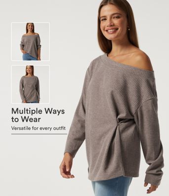 Ribbed Off Shoulder Long Sleeve Ruched Casual Top