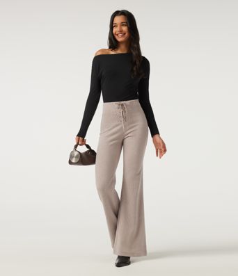 Ribbed Knit High Waisted Tie Front Flare Casual Pants with Pockets