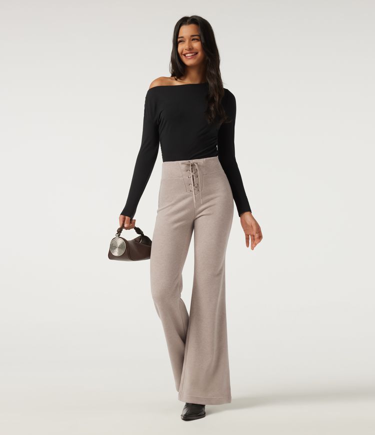 Ribbed Knit High Waisted Tie Front Flare Casual Pants with Pockets