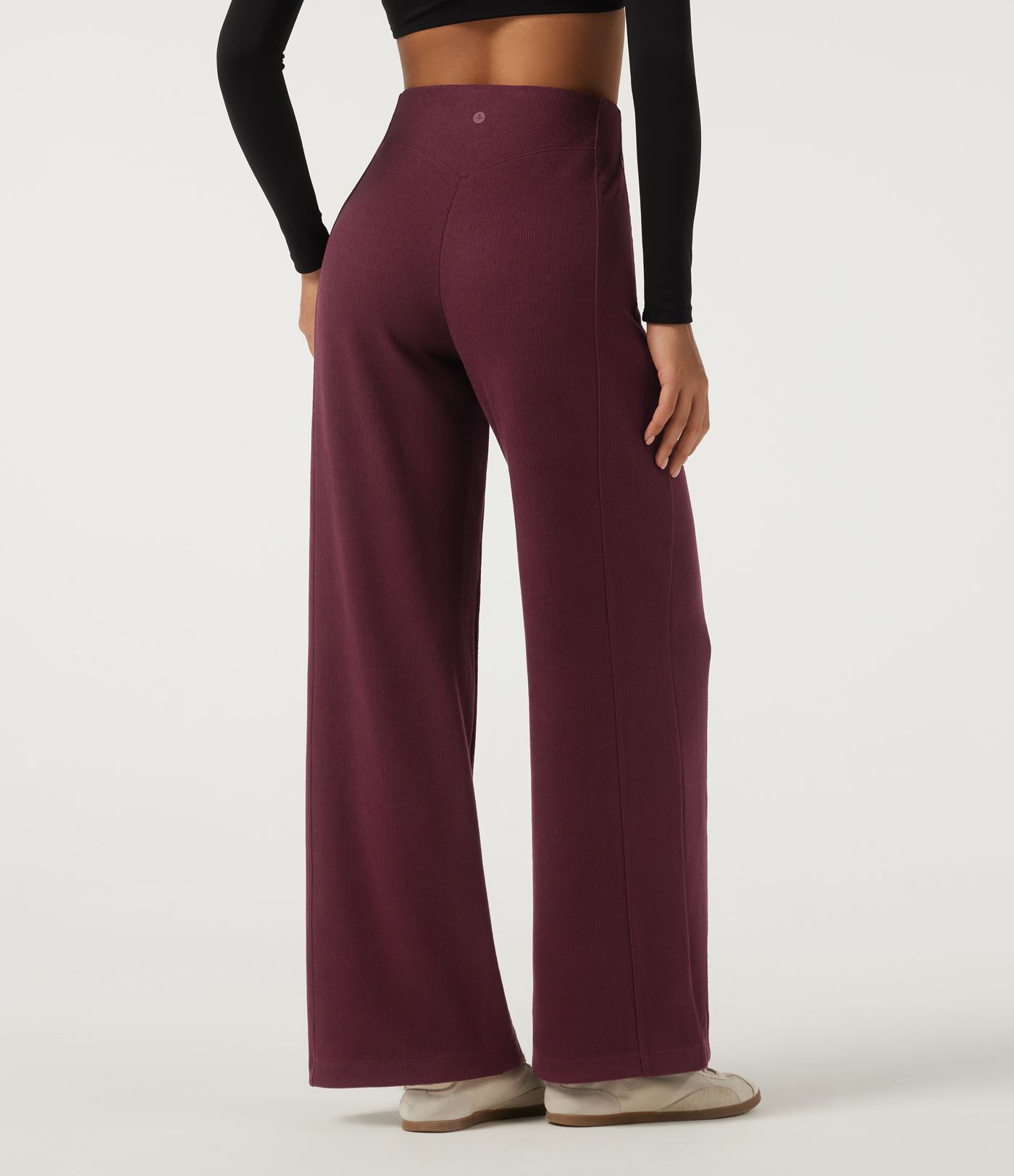 Ribbed High Waisted Wide Leg Adjustable Hem Casual Pants with Pockets