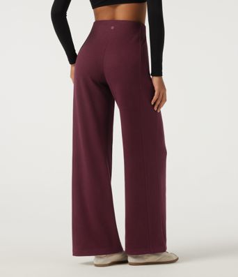 Ribbed High Waisted Wide Leg Adjustable Hem Casual Pants with Pockets