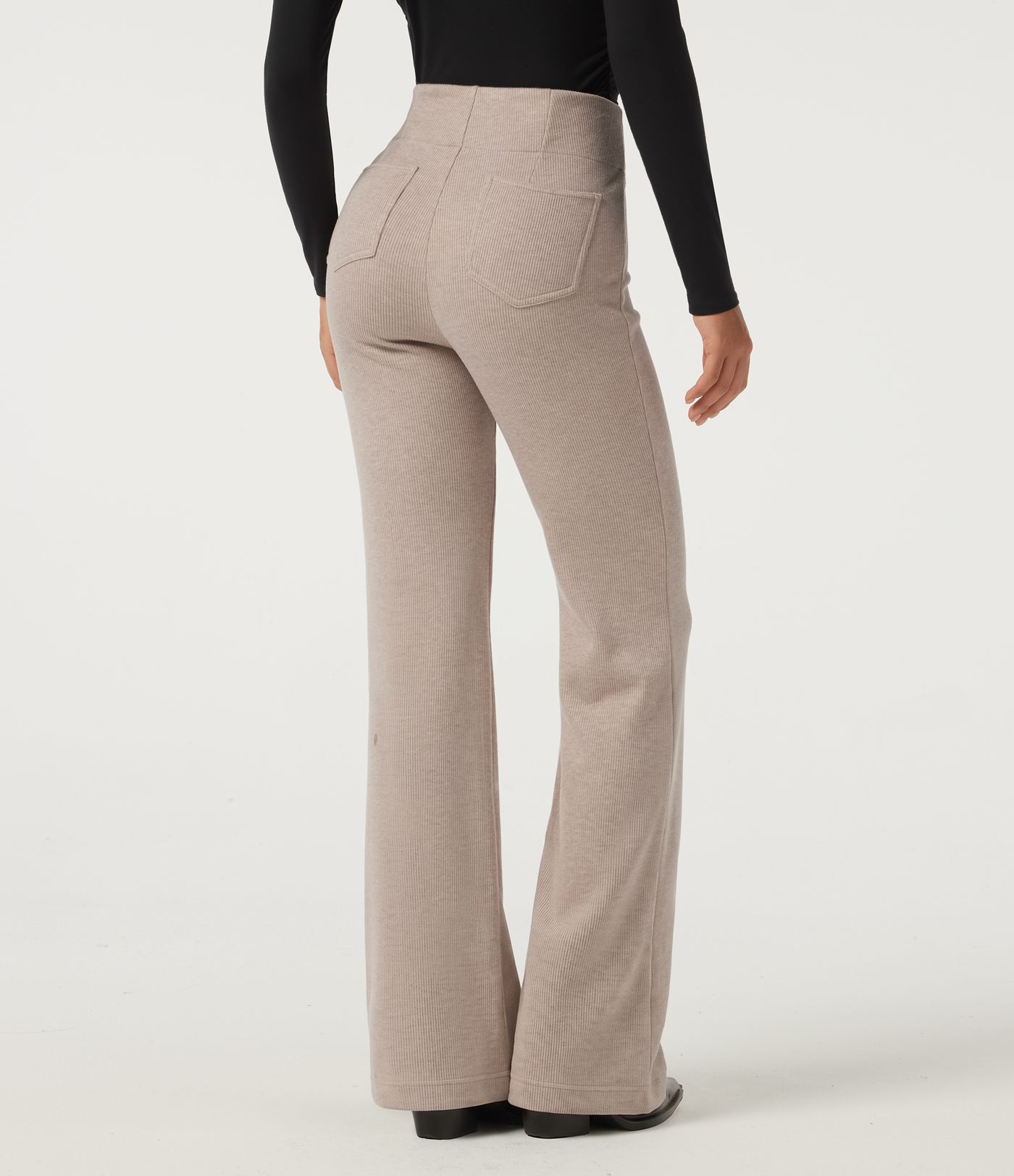 Ribbed Knit High Waisted Tie Front Flare Casual Pants with Pockets