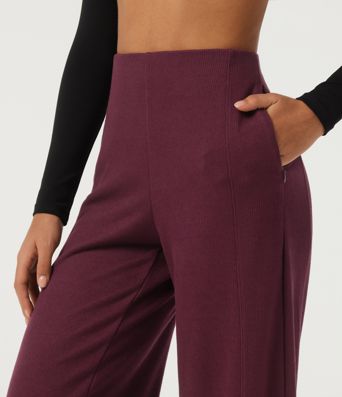 Ribbed High Waisted Wide Leg Adjustable Hem Casual Pants with Pockets