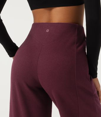 Ribbed High Waisted Wide Leg Adjustable Hem Casual Pants with Pockets