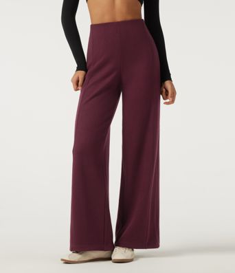 Ribbed High Waisted Wide Leg Adjustable Hem Casual Pants with Pockets