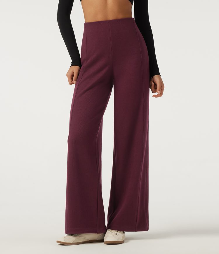 Ribbed High Waisted Wide Leg Adjustable Hem Casual Pants with Pockets