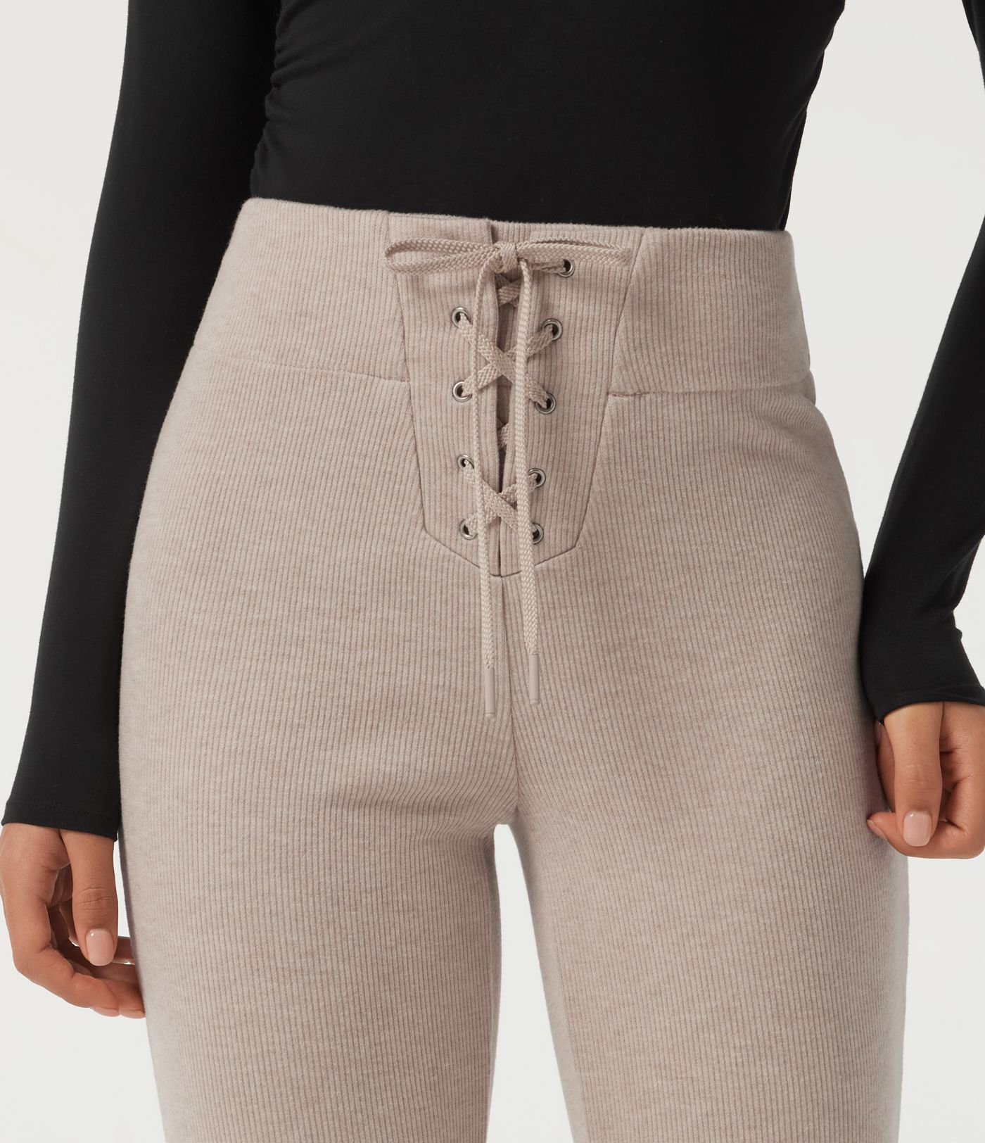 Ribbed Knit High Waisted Tie Front Flare Casual Pants with Pockets