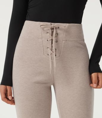 Ribbed Knit High Waisted Tie Front Flare Casual Pants with Pockets