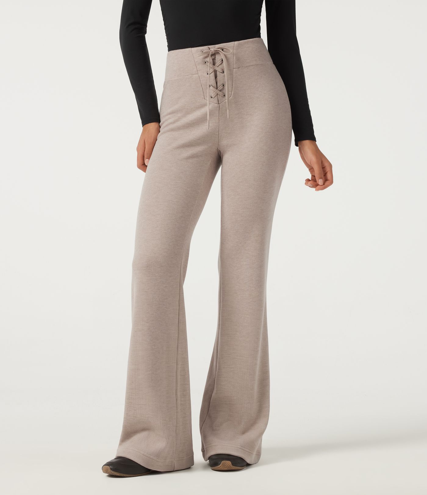 Ribbed Knit High Waisted Tie Front Flare Casual Pants with Pockets