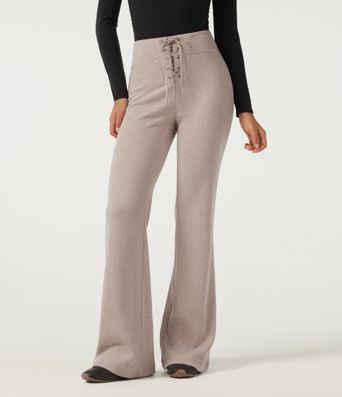 Ribbed Knit High Waisted Tie Front Flare Casual Pants with Pockets