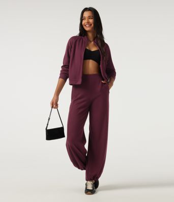 Ribbed High Waisted Wide Leg Adjustable Hem Casual Pants with Pockets