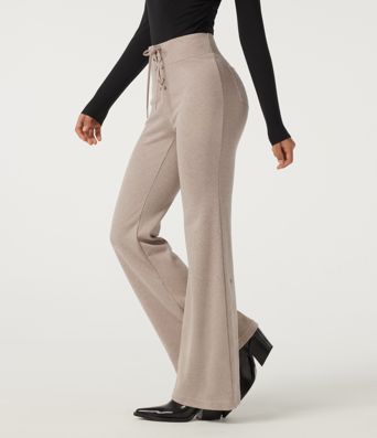 Ribbed Knit High Waisted Tie Front Flare Casual Pants with Pockets