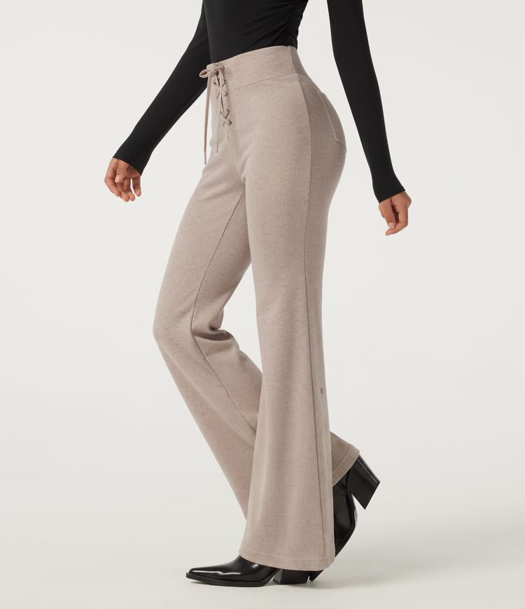 Ribbed Knit High Waisted Tie Front Flare Casual Pants with Pockets