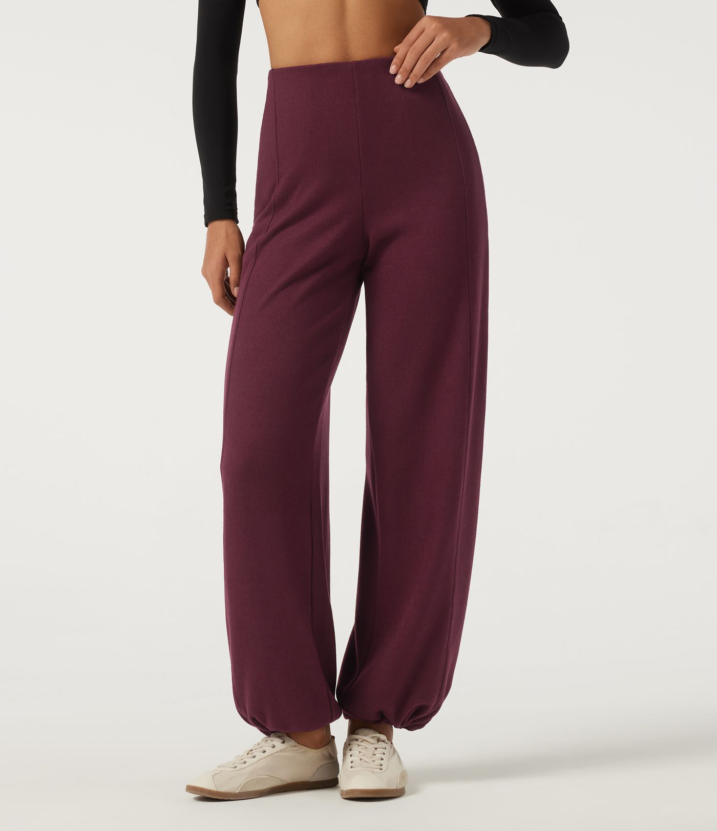 Ribbed High Waisted Wide Leg Adjustable Hem Casual Pants with Pockets