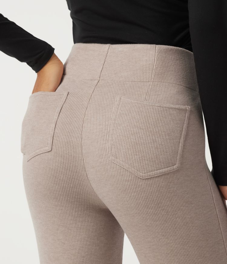 Ribbed Knit High Waisted Tie Front Flare Casual Pants with Pockets