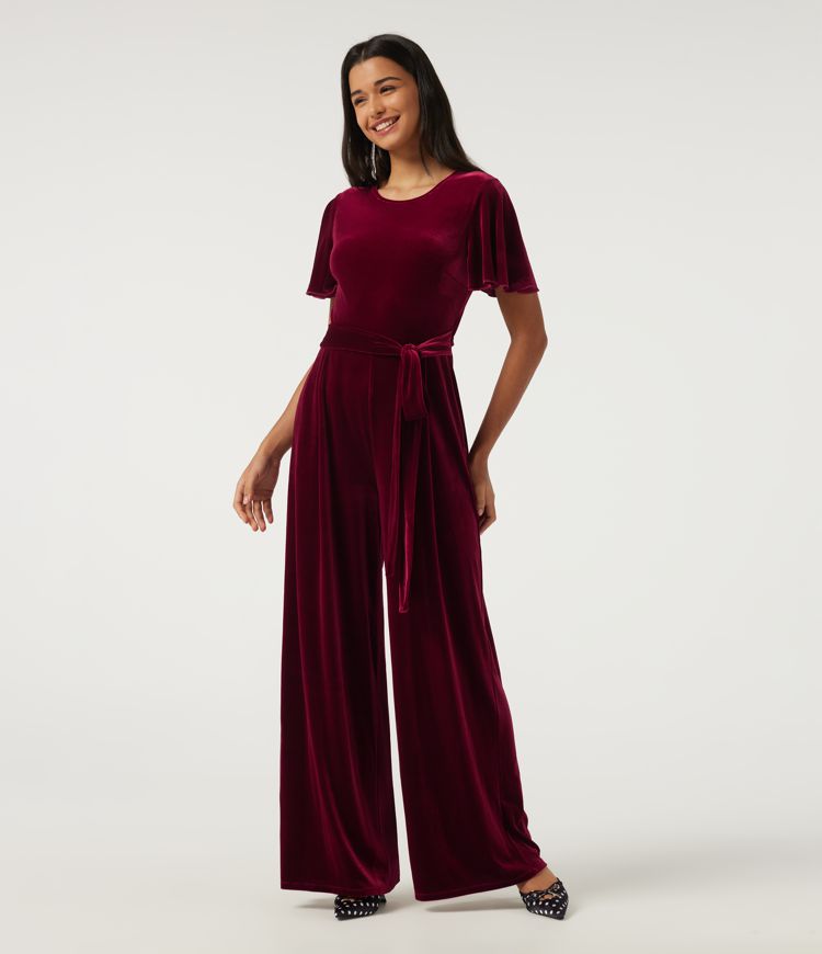 Round Neck Flounce Short Sleeve Keyhole Back Tie Front Velvet Party Jumpsuit with Pockets -Easy Peezy Edition