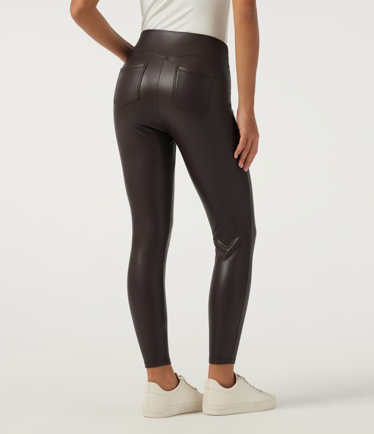 Mid Rise Skinny Stretchy PU Fleece Casual Leggings with Pockets Mid Rise Skinny Stretchy PU Fleece Casual Leggings with Pockets