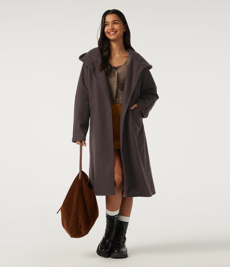 Hooded Long Sleeve Belted Longline Casual Coat with Pockets