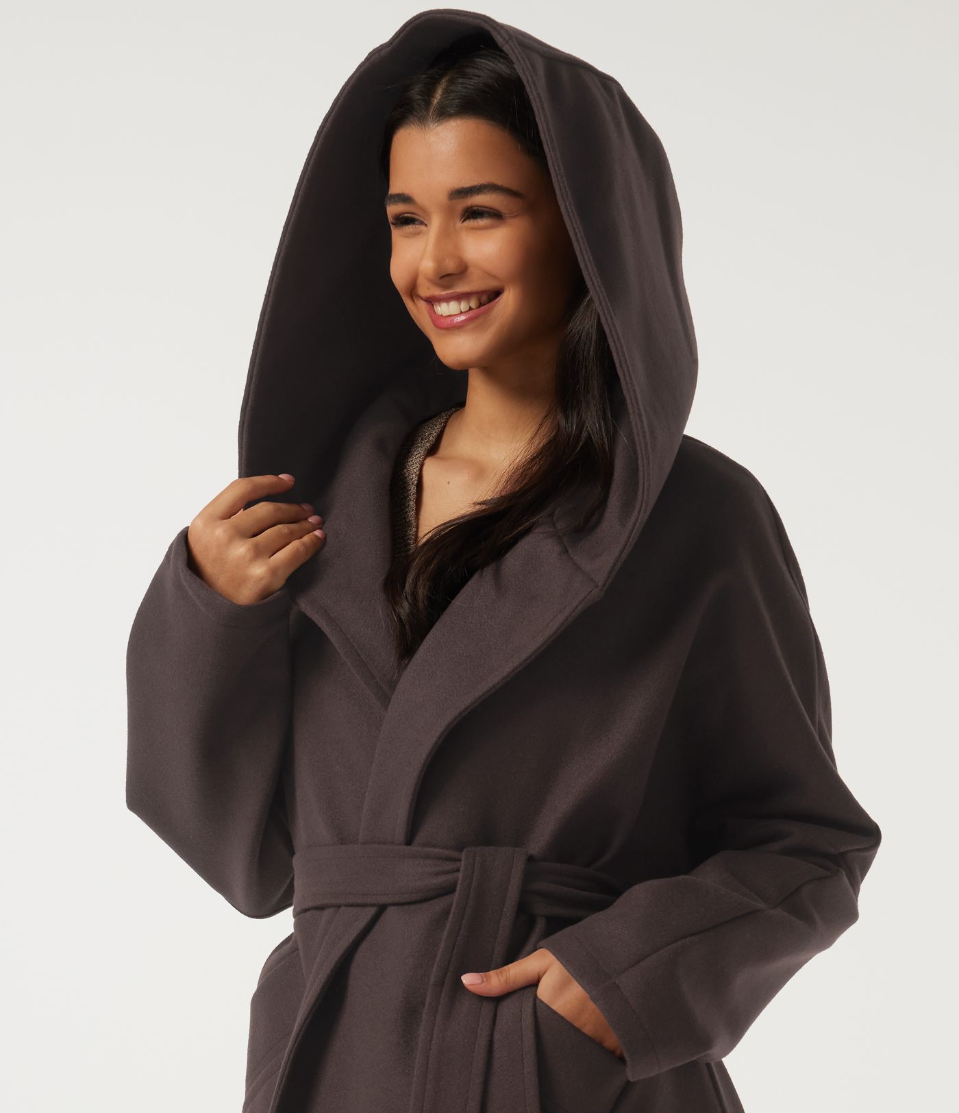 Hooded Long Sleeve Belted Longline Casual Coat with Pockets