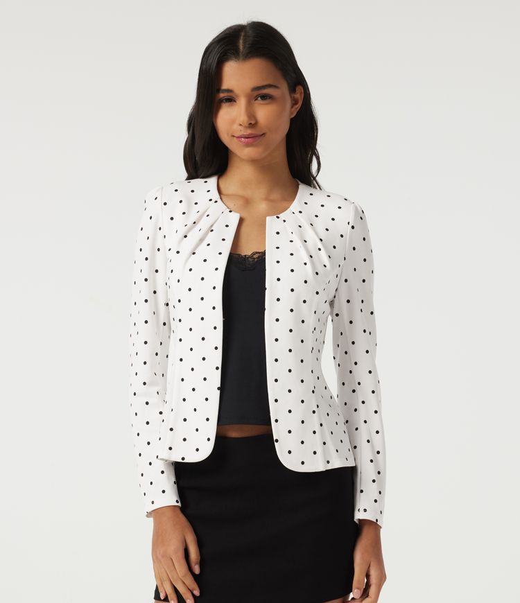 Round Neck Curved Hem Polka Dot Long Sleeve Work Blazer