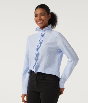 Stand Collar Long Sleeve Ruffle Curved Hem Work Blouse Stand Collar Long Sleeve Ruffle Curved Hem Work Blouse