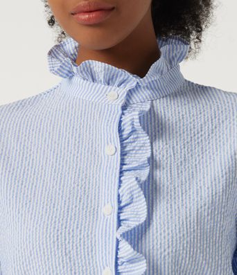Stand Collar Long Sleeve Ruffle Curved Hem Work Blouse Stand Collar Long Sleeve Ruffle Curved Hem Work Blouse