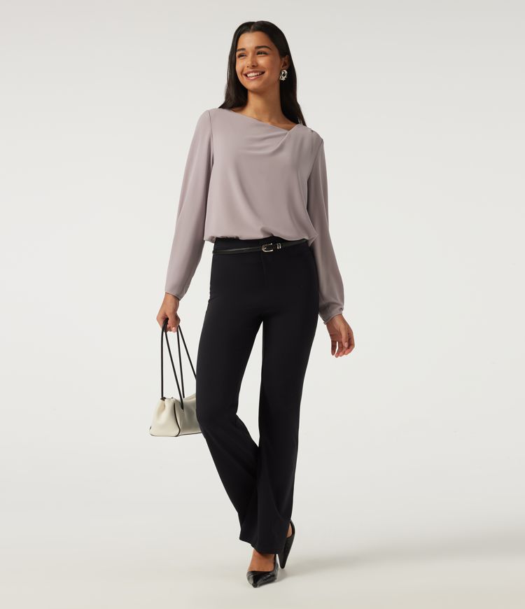 Cowl Neck Long Sleeve Asymmetric Work Blouse