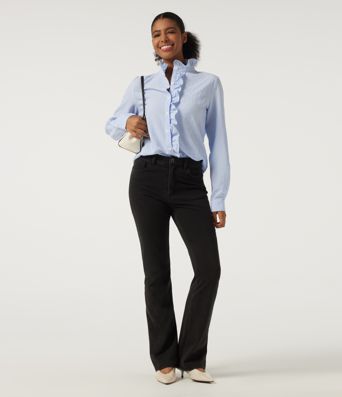 Stand Collar Long Sleeve Ruffle Curved Hem Work Blouse Stand Collar Long Sleeve Ruffle Curved Hem Work Blouse