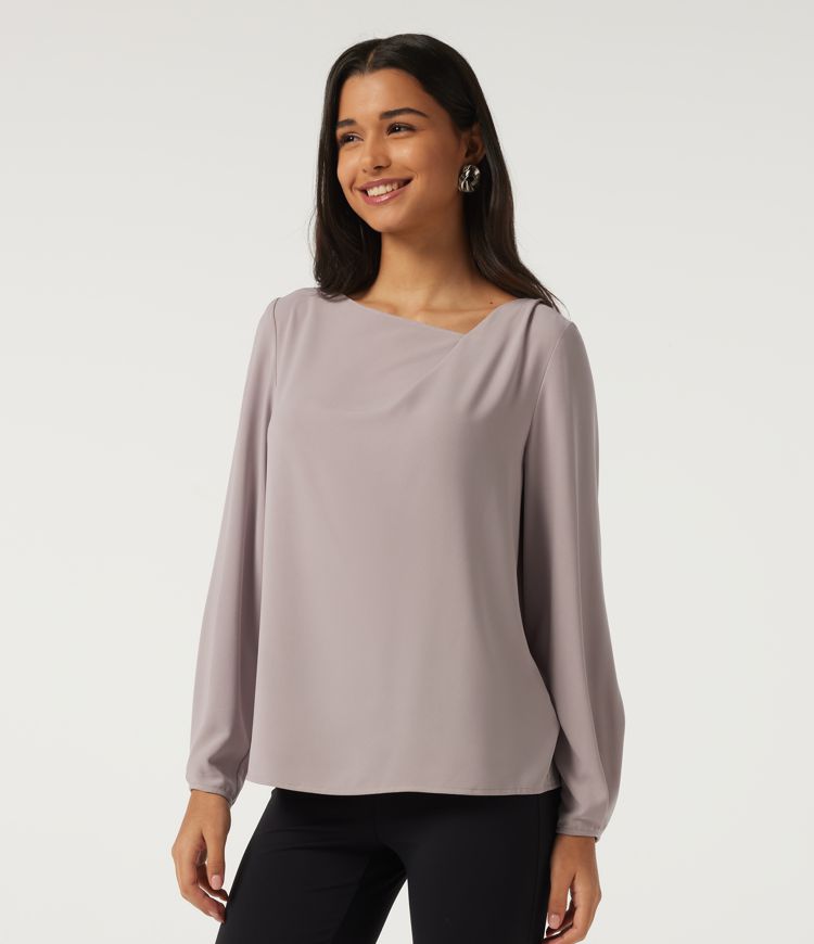 Cowl Neck Long Sleeve Asymmetric Work Blouse