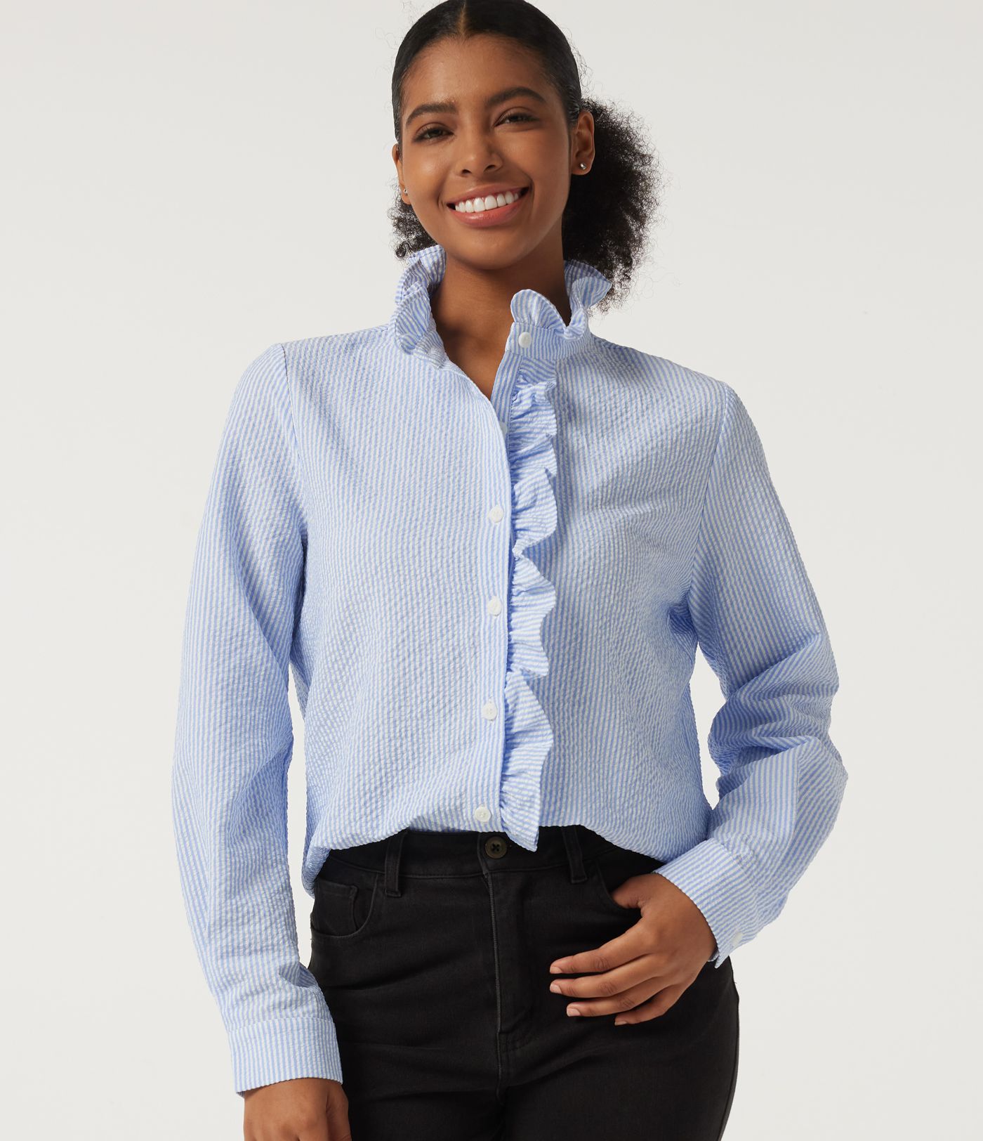Stand Collar Long Sleeve Ruffle Curved Hem Work Blouse Stand Collar Long Sleeve Ruffle Curved Hem Work Blouse
