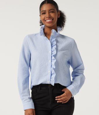 Stand Collar Long Sleeve Ruffle Curved Hem Work Blouse Stand Collar Long Sleeve Ruffle Curved Hem Work Blouse