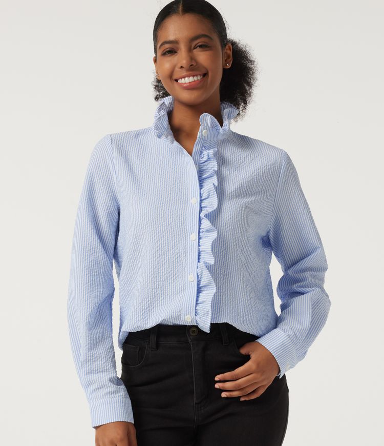 Stand Collar Long Sleeve Ruffle Curved Hem Work Blouse Stand Collar Long Sleeve Ruffle Curved Hem Work Blouse