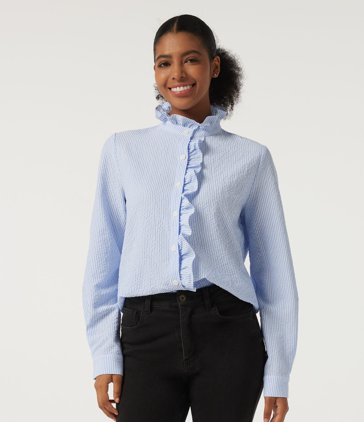 Stand Collar Long Sleeve Ruffle Curved Hem Work Blouse Stand Collar Long Sleeve Ruffle Curved Hem Work Blouse