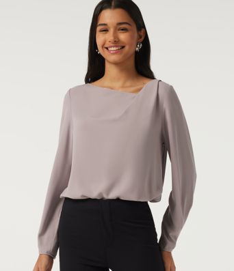 Cowl Neck Long Sleeve Asymmetric Work Blouse