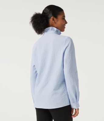 Stand Collar Long Sleeve Ruffle Curved Hem Work Blouse Stand Collar Long Sleeve Ruffle Curved Hem Work Blouse