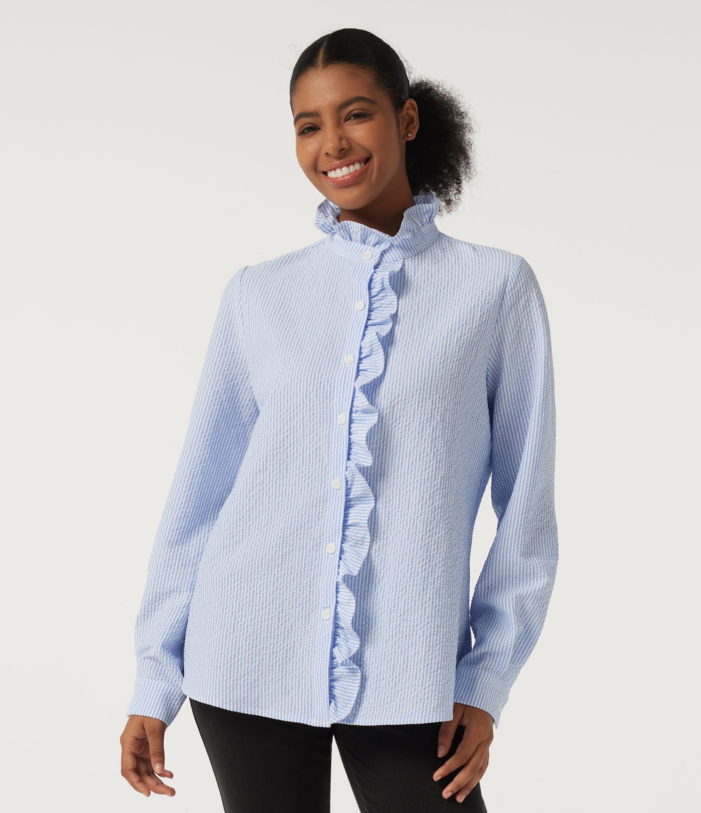 Stand Collar Long Sleeve Ruffle Curved Hem Work Blouse Stand Collar Long Sleeve Ruffle Curved Hem Work Blouse