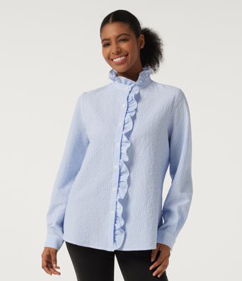 Stand Collar Long Sleeve Ruffle Curved Hem Work Blouse Stand Collar Long Sleeve Ruffle Curved Hem Work Blouse