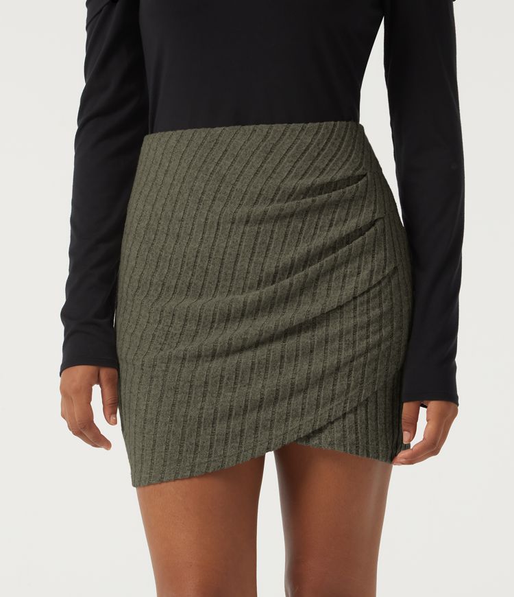 Ribbed Knit High Waisted 2-in-1 Ruched Crossover Party Mini Skirt