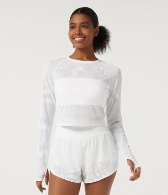 Round Neck Long Sleeve Eyelet Training Sports Top with Thumbholes