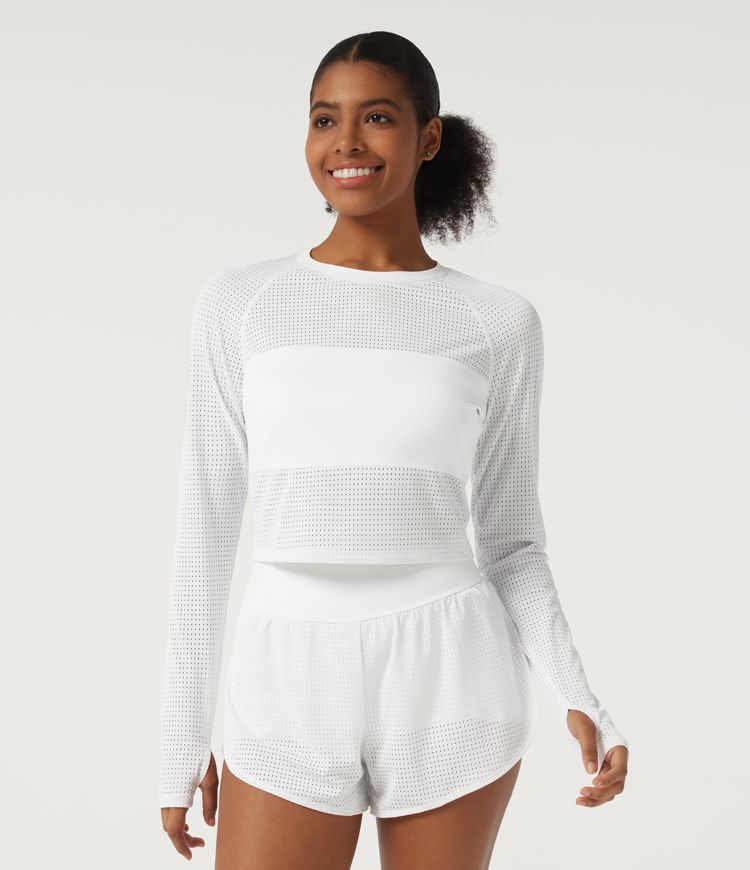 Round Neck Long Sleeve Eyelet Training Sports Top with Thumbholes