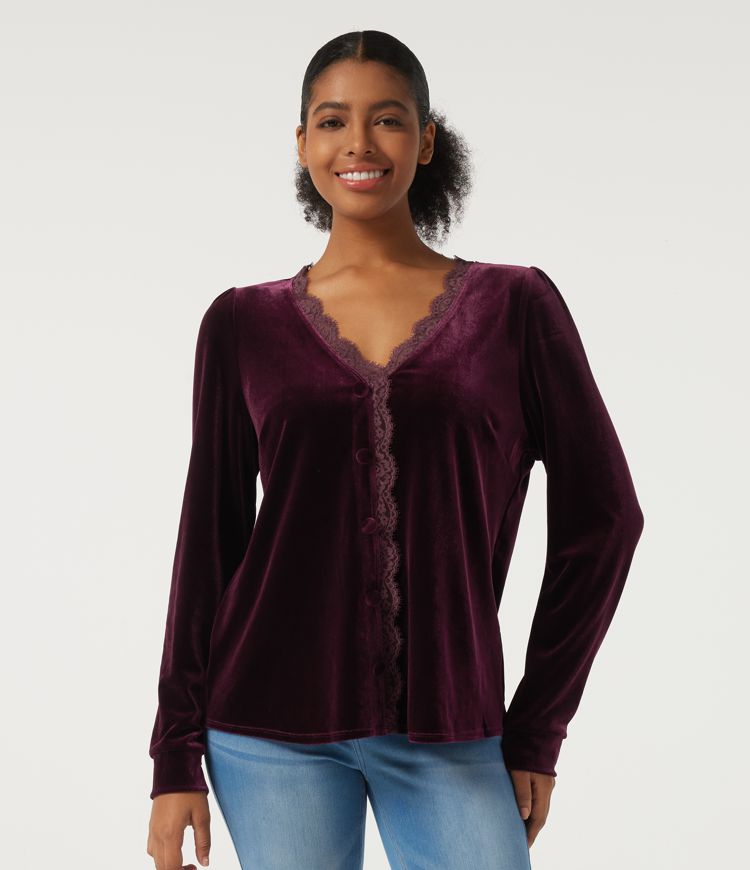 V Neck Long Sleeve Contrast Lace Curved Hem Velvet Resort Blouse