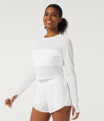 Round Neck Long Sleeve Eyelet Training Sports Top with Thumbholes