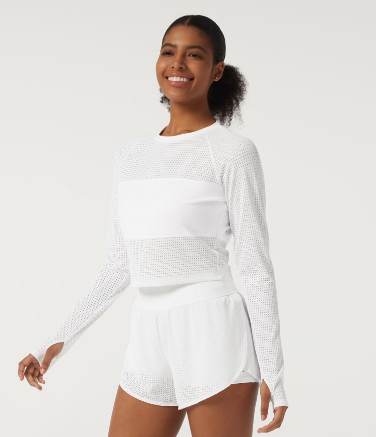 Round Neck Long Sleeve Eyelet Training Sports Top with Thumbholes