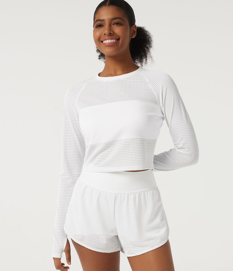 Round Neck Long Sleeve Eyelet Training Sports Top with Thumbholes