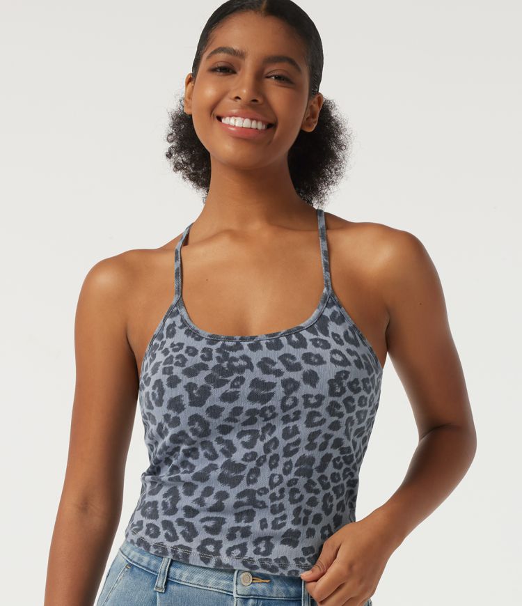 Halara Flex™ - Lässiges, ärmelloses Tanktop aus Denim mit U-Ausschnitt, integriertem BH und Leopardenmuster