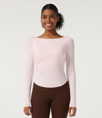 Quick Dry Boat Neck Long Sleeve Yoga Sports Top with Built-in Bra Quick Dry Boat Neck Long Sleeve Yoga Sports Top with Built-in Bra