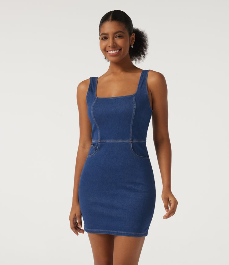 Halara Flex™ Denim Square Neck Sleeveless Patterned A-Line Bodycon Casual Cotton Mini Dress