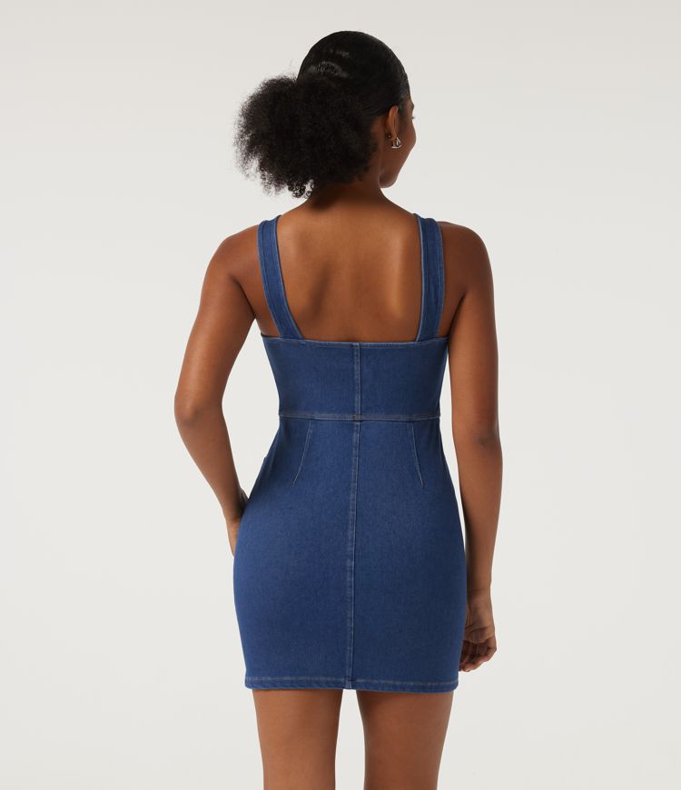 Gulf Stream Blue Denim Halara Flex™ Denim Square Neck Sleeveless Patterned A-Line Bodycon Casual Mini Dress / 2